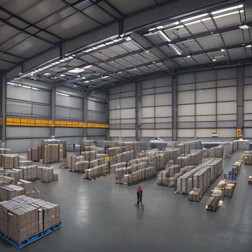 Workers using tablets to scan products in a modern, organized warehouse with a large digital screen displaying real-time inventory data.