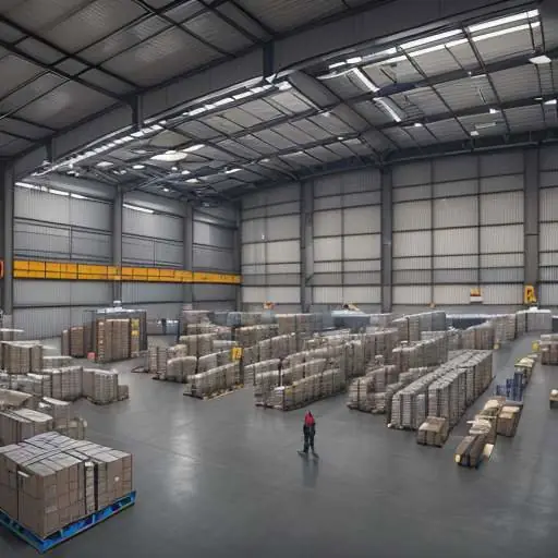 Workers using tablets to scan products in a modern, organized warehouse with a large digital screen displaying real-time inventory data.