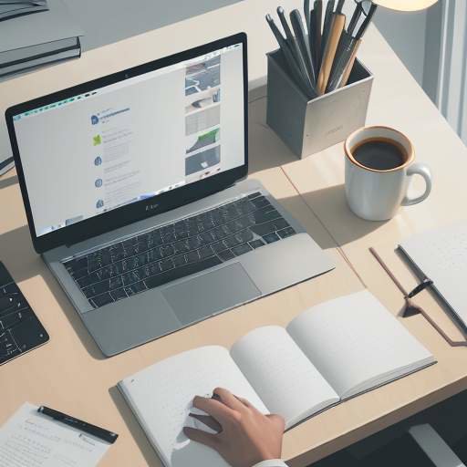 Overhead view of a person working at a minimalist desk with a laptop showing cloud storage, a tablet displaying backup progress, warm lamp light, coffee mug, and notebook. Organized, productive workspace.