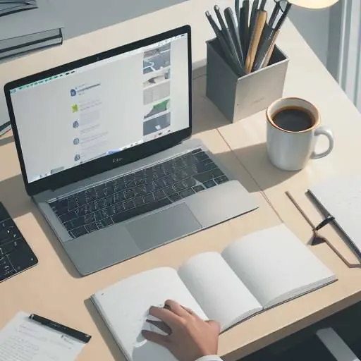 Overhead view of a person working at a minimalist desk with a laptop showing cloud storage, a tablet displaying backup progress, warm lamp light, coffee mug, and notebook. Organized, productive workspace.