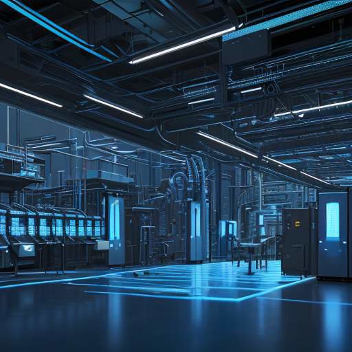 Robotic arms assembling complex machinery in a high-tech manufacturing plant with glowing digital shields around server racks, symbolizing secure data and private networks.