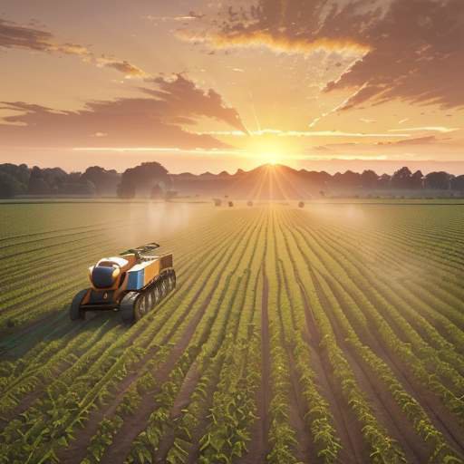 Small autonomous robots navigate rows of vibrant green crops in a farm field during a golden sunrise.