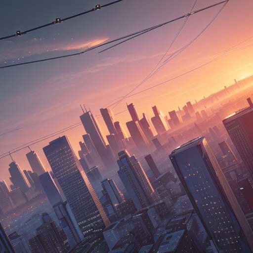 A cinematic sunrise over a modern city skyline with a glowing digital blueprint overlay, symbolizing scalable infrastructure, connectivity, and the future of urban business growth.
