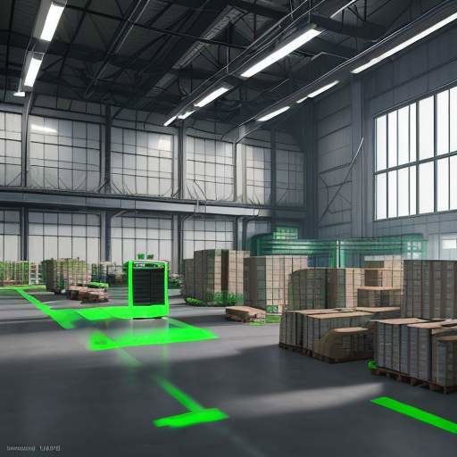 A tablet displaying a green "Success" checkmark over a logistics dashboard in the foreground, with a blurred, high-tech automated warehouse and robots in the background.