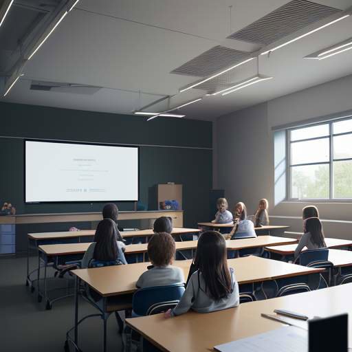 Students in a sunlit modern classroom collaborate and interact while using tablets to play a strategy game.