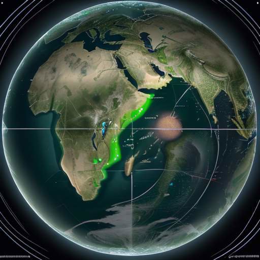 Stylized world map centered on India showing glowing green data arcs from Gujarat to continents, with solar panel, wind turbine, and AI chip icons orbiting the subcontinent under twilight lighting.