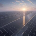 Sunrise over Gujarat data center campus with silver server halls, expansive solar farms, wind turbines, green desert vegetation, and high‑voltage transmission lines