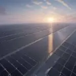 Sunrise over Gujarat data center campus with silver server halls, expansive solar farms, wind turbines, green desert vegetation, and high‑voltage transmission lines