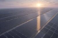 Sunrise over Gujarat data center campus with silver server halls, expansive solar farms, wind turbines, green desert vegetation, and high‑voltage transmission lines