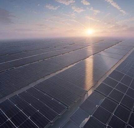 Sunrise over Gujarat data center campus with silver server halls, expansive solar farms, wind turbines, green desert vegetation, and high‑voltage transmission lines