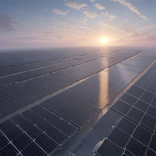 Sunrise over Gujarat data center campus with silver server halls, expansive solar farms, wind turbines, green desert vegetation, and high‑voltage transmission lines
