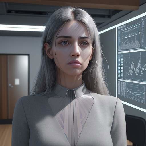 A professional woman in a modern office looks with focused determination at a large holographic screen displaying glowing data points and interconnected icons.
