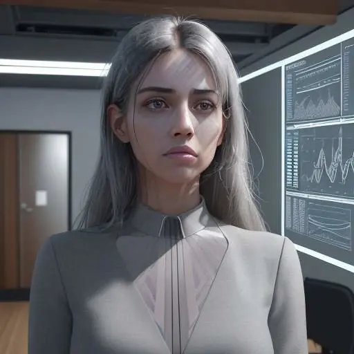 A professional woman in a modern office looks with focused determination at a large holographic screen displaying glowing data points and interconnected icons.