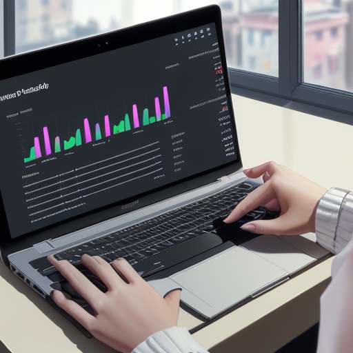 A professional woman's hands typing on a laptop displaying a colorful data dashboard in a modern cafe, symbolizing automated systems and a mobile workspace.