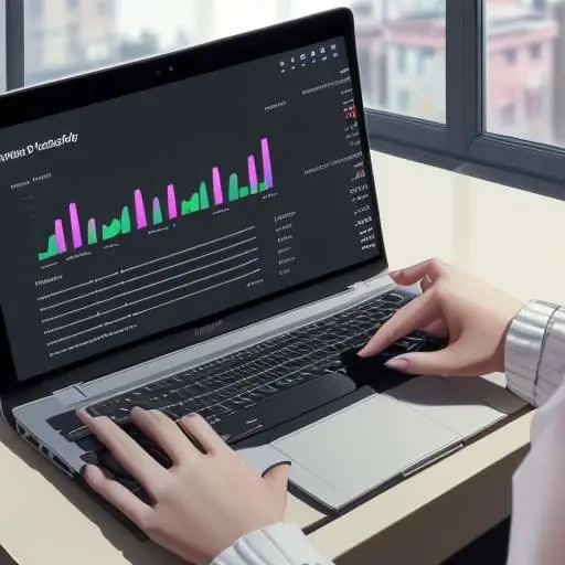 A professional woman's hands typing on a laptop displaying a colorful data dashboard in a modern cafe, symbolizing automated systems and a mobile workspace.