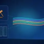 Illustration with optical fibers, a judge's gavel and data center server racks