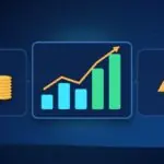 Illustration with a rising chart, stacks of coins and a warning sign