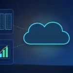 Illustration with a cloud, data center server racks and a rising chart