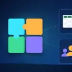 Illustration with puzzle pieces, a spreadsheet and a group of people