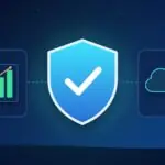 Illustration with a security shield, a rising chart and a cloud