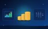 Illustration with stacks of coins, a rising chart and a neural network
