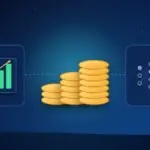 Illustration with stacks of coins, a rising chart and a neural network
