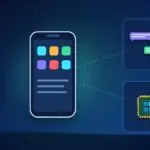 Illustration with a smartphone, chat bubbles and a processor chip