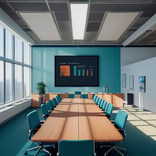 A photorealistic aerial view of a modern glass-walled conference room with a large interactive dashboard displaying colorful real-time analytics, charts, KPIs, and team workflow maps. Diverse executives in business attire collaborate around a glow…