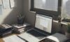 A photorealistic wide shot of a cluttered office desk with a laptop showing multiple browser tabs of different business apps, tangled cables, sticky notes everywhere, and a stressed professional in a blazer rubbing their temples. Warm, slightly de…