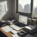A photorealistic wide shot of a cluttered office desk with a laptop showing multiple browser tabs of different business apps, tangled cables, sticky notes everywhere, and a stressed professional in a blazer rubbing their temples. Warm, slightly de…