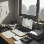 A photorealistic wide shot of a cluttered office desk with a laptop showing multiple browser tabs of different business apps, tangled cables, sticky notes everywhere, and a stressed professional in a blazer rubbing their temples. Warm, slightly de…