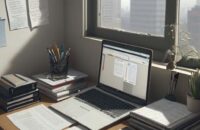 A photorealistic wide shot of a cluttered office desk with a laptop showing multiple browser tabs of different business apps, tangled cables, sticky notes everywhere, and a stressed professional in a blazer rubbing their temples. Warm, slightly de…