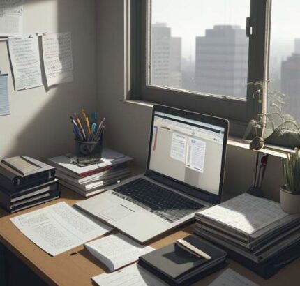 A photorealistic wide shot of a cluttered office desk with a laptop showing multiple browser tabs of different business apps, tangled cables, sticky notes everywhere, and a stressed professional in a blazer rubbing their temples. Warm, slightly de…