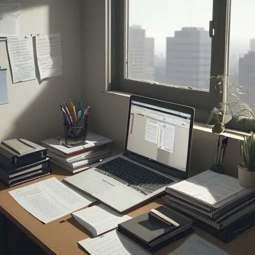 A photorealistic wide shot of a cluttered office desk with a laptop showing multiple browser tabs of different business apps, tangled cables, sticky notes everywhere, and a stressed professional in a blazer rubbing their temples. Warm, slightly de…