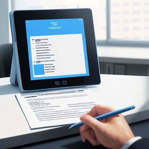 A person holds a high-tech tablet in a modern office where a glowing blue digital overlay scans a complex PDF document, highlighting and extracting key data points like dates and prices.