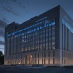 A cinematic shot of a modern government building in Washington D.C. at dusk, featuring holographic data streams and glowing blue circuit patterns overlaid on the stone architecture to symbolize the integration of AI and governance.