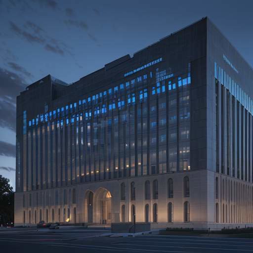 A cinematic shot of a modern government building in Washington D.C. at dusk, featuring holographic data streams and glowing blue circuit patterns overlaid on the stone architecture to symbolize the integration of AI and governance.