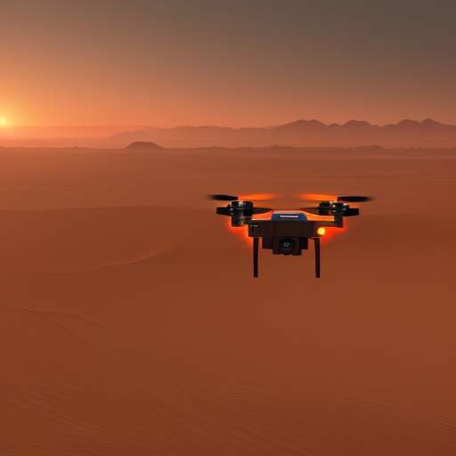 A cinematic shot of a fleet of high-tech autonomous drones with glowing sensors flying over a desert toward a futuristic city skyline at sunset.