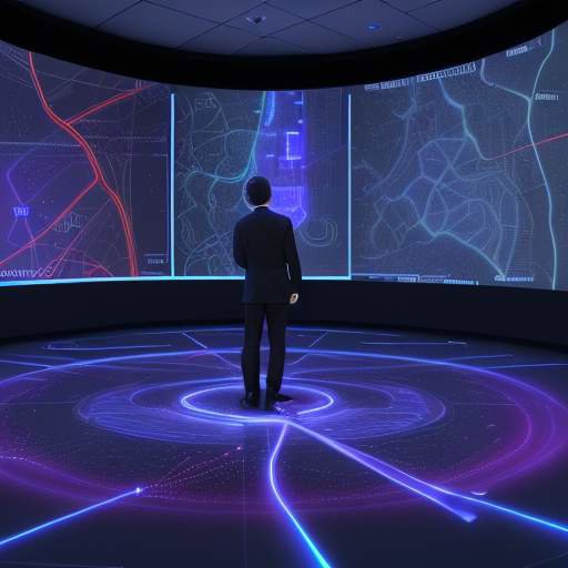 Cybersecurity analysts in a dark high-tech lab interact with a glowing 3D holographic map of a city, visualizing data movement and potential threats.
