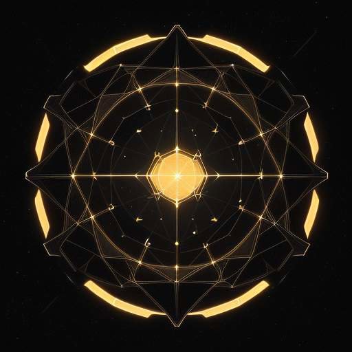 A stylized digital visualization of a glowing geometric shield protecting a cluster of satellites in orbit against cyber threats.