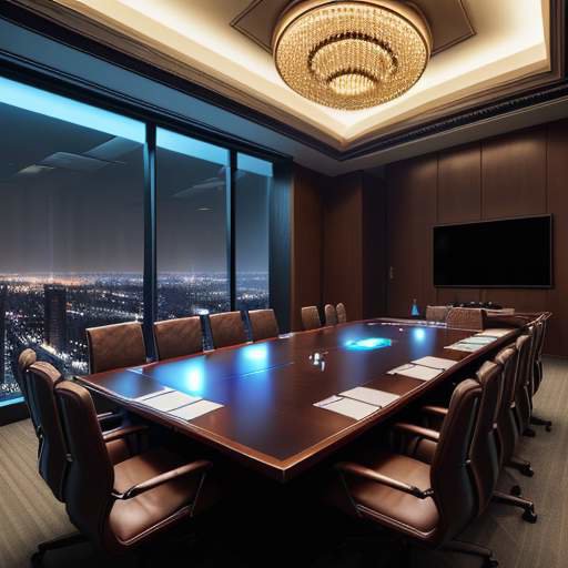 A holographic shield and circuit board icon projected over a mahogany boardroom table in a high-rise office overlooking a city at night, symbolizing the intersection of cybersecurity and corporate technology.