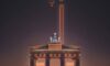 A cinematic dusk view of the Berlin skyline and Brandenburg Gate with a digital overlay of binary code and red warning icons, illustrating cybersecurity threats.