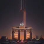 A cinematic dusk view of the Berlin skyline and Brandenburg Gate with a digital overlay of binary code and red warning icons, illustrating cybersecurity threats.