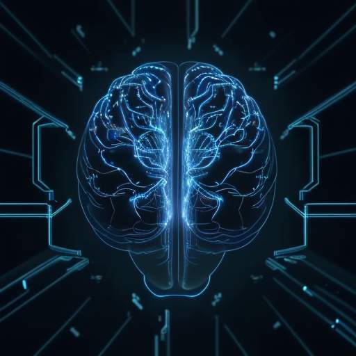 A conceptual digital art piece of a glowing brain made of fiber optic cables and circuitry, surrounded by floating binary code and data points in a dark blue and cyan space.