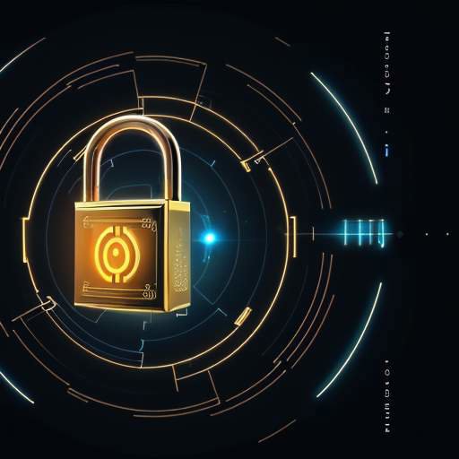 A glowing golden circuit-patterned padlock hovering over a dark blue background of flowing binary code, symbolizing digital security and data protection.