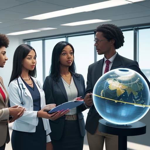 A diverse group of professionals, including a doctor, lawyer, and teacher, examine a holographic data globe in a bright, modern office.