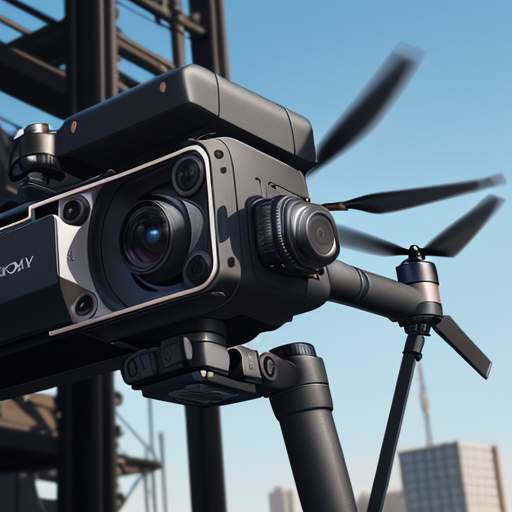 A macro close-up of a high-tech drone gimbal stabilizing an action camera, highlighting precise mechanical gears against a blurred construction site background.