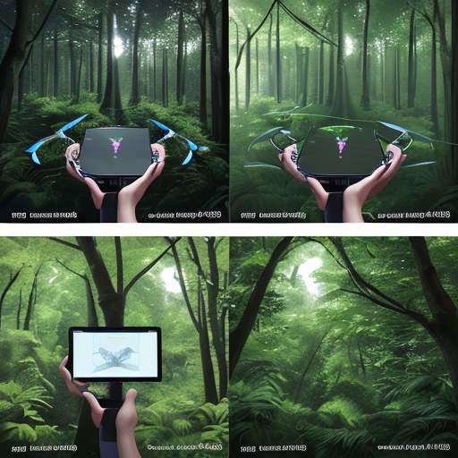 Split-screen showing a drone flying over a lush forest on the left and a technician analyzing a 3D digital twin of the same forest on a tablet in a high-tech command center.