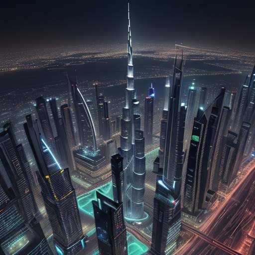 A stunning aerial night view of the Dubai skyline, featuring the illuminated Burj Khalifa and glowing skyscrapers reflected in the shimmering water.