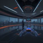 Engineers assembling a high-tech carbon-fiber industrial drone in a modern Indian laboratory with holographic displays and a city skyline at dusk.